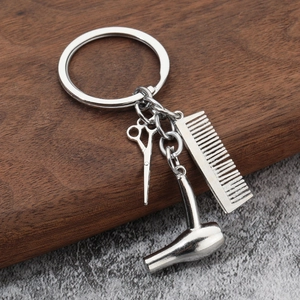 Porte-Clés Thème Coiffeur Métal Mini Ciseaux Sèche-Cheveux Peigne Pendentif Cadeau Styliste Créatif Argent
