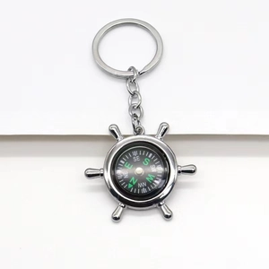 Nautical ship wheel keychain with built-in functional mini compass in silver metal finish