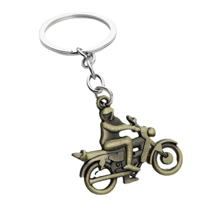 Porte-clés moto rétro en métal avec pendentif cavalier en bronze et anneau argenté