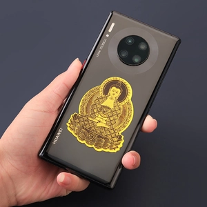 Buddhist Zodiac Guardian Deity gold foil metal sticker on black smartphone back cover