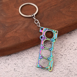 Iridescent car engine cylinder head gasket keychain made of durable zinc alloy metal