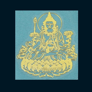 Detailed golden Buddhist metal sticker featuring Bodhisattva with lotus and sword design