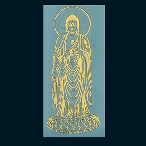 Detailed gold metal Buddha sticker with lotus base and spiritual symbols for phones