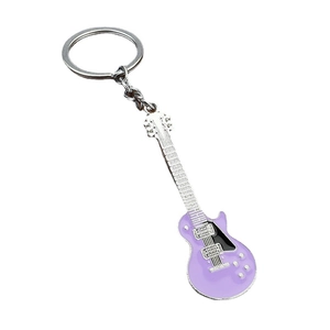 Purple guitar keychain with metallic silver finish on white background for music lovers