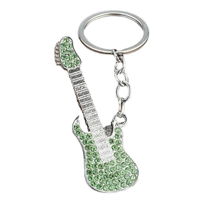 Sparkling green rhinestone encrusted guitar keychain with silver metal alloy ring