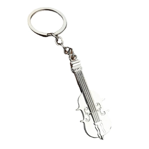 Detailed silver violin musical instrument keychain with metal ring on white background