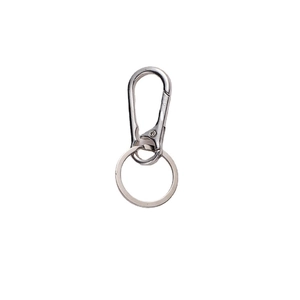 Porte-clés poli en alliage de zinc argenté avec mousqueton et anneau plat sur fond blanc
