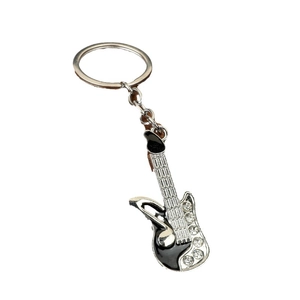 Guitar keychain with black enamel finish and diamond accents on a silver metal ring
