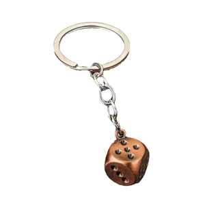 Bronze zinc alloy dice keychain with vintage finish and silver metal ring for keys
