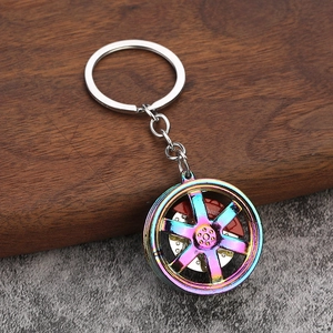 Rainbow plated car wheel hub keychain with red brake caliper and metal alloy chain