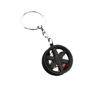 Creative car wheel rim keychain with a red brake caliper and metal chain for car lovers