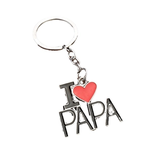 Silver metal keychain with I Heart PAPA cutout lettering and red enamel heart charm