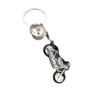 Creative silver metal motorcycle keychain with detailed heavy bike and helmet charms