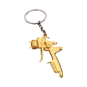 Miniature zinc alloy paint spray gun keychain with golden finish and silver metal ring