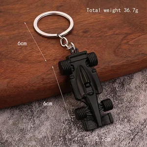 Matte black F1 race car keychain made of durable alloy metal, length 6cm, 36.7g weight