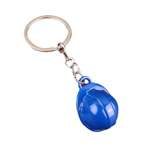 Mini blue safety helmet keychain with silver metal ring on a plain white background