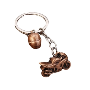 Bronze alloy motorcycle model and helmet keychain with a durable metal chain and ring