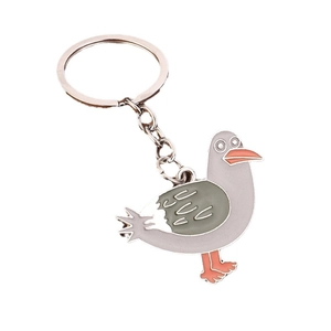 Cartoon enamel seagull keychain with olive green wings and a durable metal ring