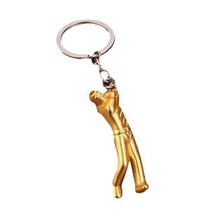 Golden golf player silhouette keychain made of polished zinc alloy with silver ring