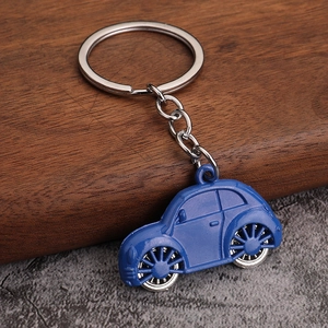 Deep blue creative metal car keychain with classic beetle design and silver ring