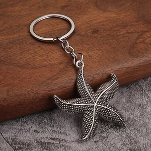Detailed close-up of a vintage silver starfish keychain on a rustic textured background