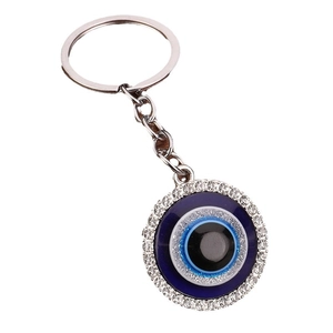 Blue Evil Eye keychain with sparkling rhinestones and silver alloy swivel hook ring