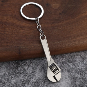 Detailed view of creative metal wrench keychain with polished finish and industrial style