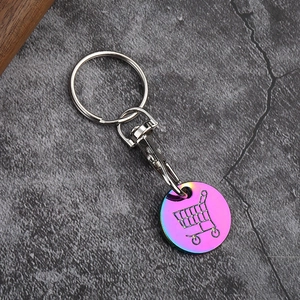 Rainbow shopping trolley token keychain with metal swivel lobster clasp and laser logo