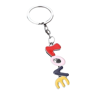 Colorful LOVE metal keychain with red pink navy and yellow enamel charms on silver ring