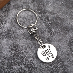 Close-up of silver metal shopping trolley coin keychain with a lobster clasp