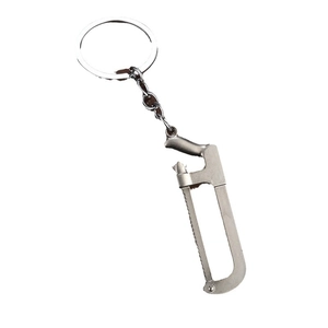 3D realistic silver metal miniature hacksaw keychain with steel saw and textured handle