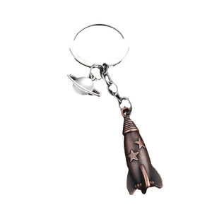 3D rocket and Saturn planet keychain in vintage bronze finish for space lovers
