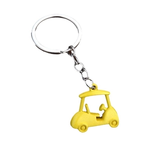 Bright yellow 3D golf cart keychain with silver metal ring on a clean white background