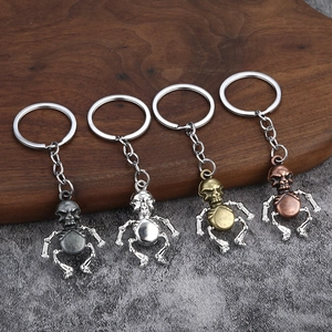 Articulated skull robot keychains in four vintage metal finishes on a textured background