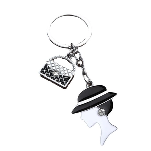 Quilted handbag and elegant lady silhouette keychain with rhinestones on white base