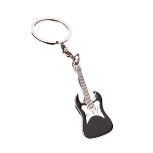 Silver metal electric guitar keychain with black enamel finish on a white background