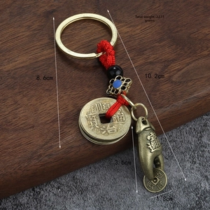 Détail du porte-clés en alliage avec pièces en laiton et pendentif main sur bois