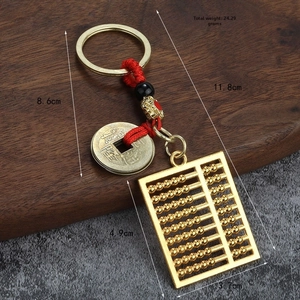 Vue détaillée d'un porte-clés boulier doré avec pièce de monnaie et cordon rouge