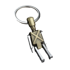 Porte-clés pendentif robot articulé rétro en métal bicolore bronze et argenté