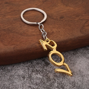 Macro detail of golden metal number 2017 pendant keychain on wooden and grey surface