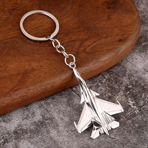Sleek silver alloy jet fighter model keychain with polished finish for car keys