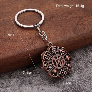 Antique bronze Buddhist keychain with Eight Auspicious Symbols and engraved mantra