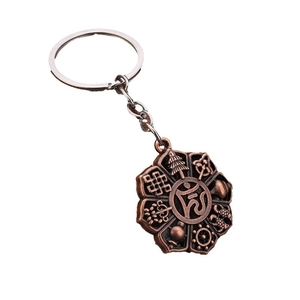 Vintage bronze Buddhist keychain with Eight Auspicious Symbols and Om sign pendant