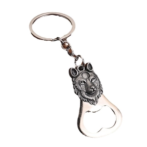 Wolf head antique silver metal keychain bottle opener with detailed relief engraving