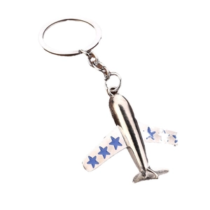Silver metal airplane keychain with blue star patterns on wings and round ring