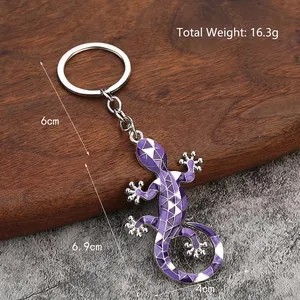 Purple geometric gecko keychain in zinc alloy with enamel finish, total length 12.9cm
