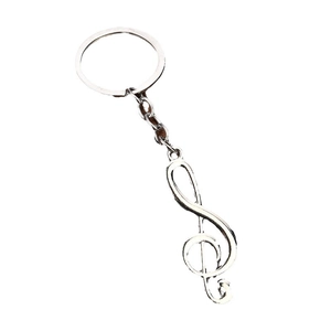 Polished silver metal musical note G-clef keychain with lobster clasp on white background