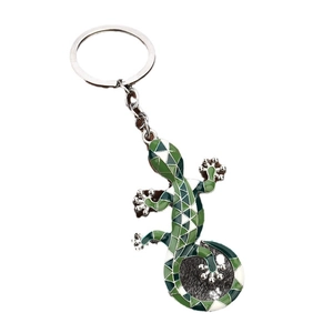 Creative gecko keychain with colorful mosaic patterns and silver metal ring accessory