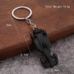 F1 racing car keychain in matte black alloy with silver ring, 6.1cm length