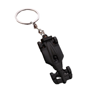 Matte black F1 formula racing car keychain in zinc alloy with silver metal keyring